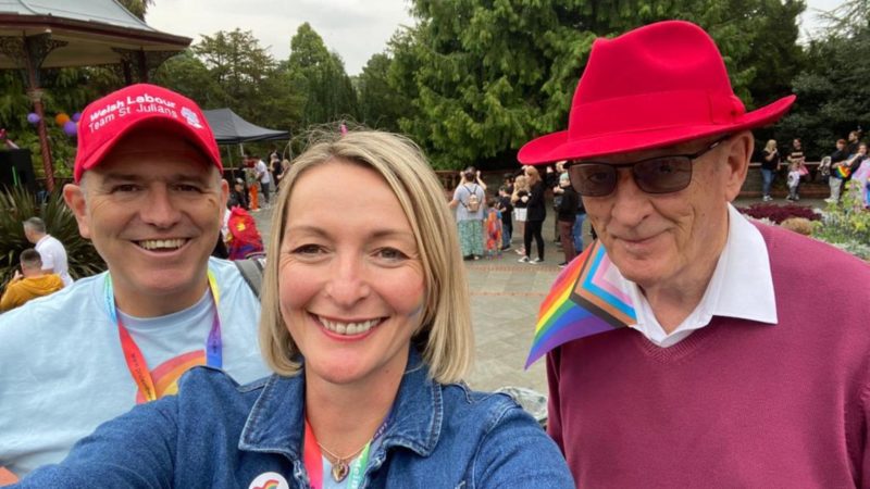 Jessica Morden MP (centre) pictured at the first Newport Pride event, with St Julians Councillors Paul Bright (left) and Phil Hourahine (right)