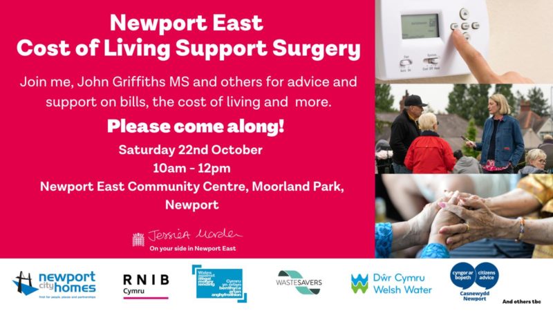 An image advertising a cost of living advice surgery at Newport East Community Centre on October 22nd 2022. 
