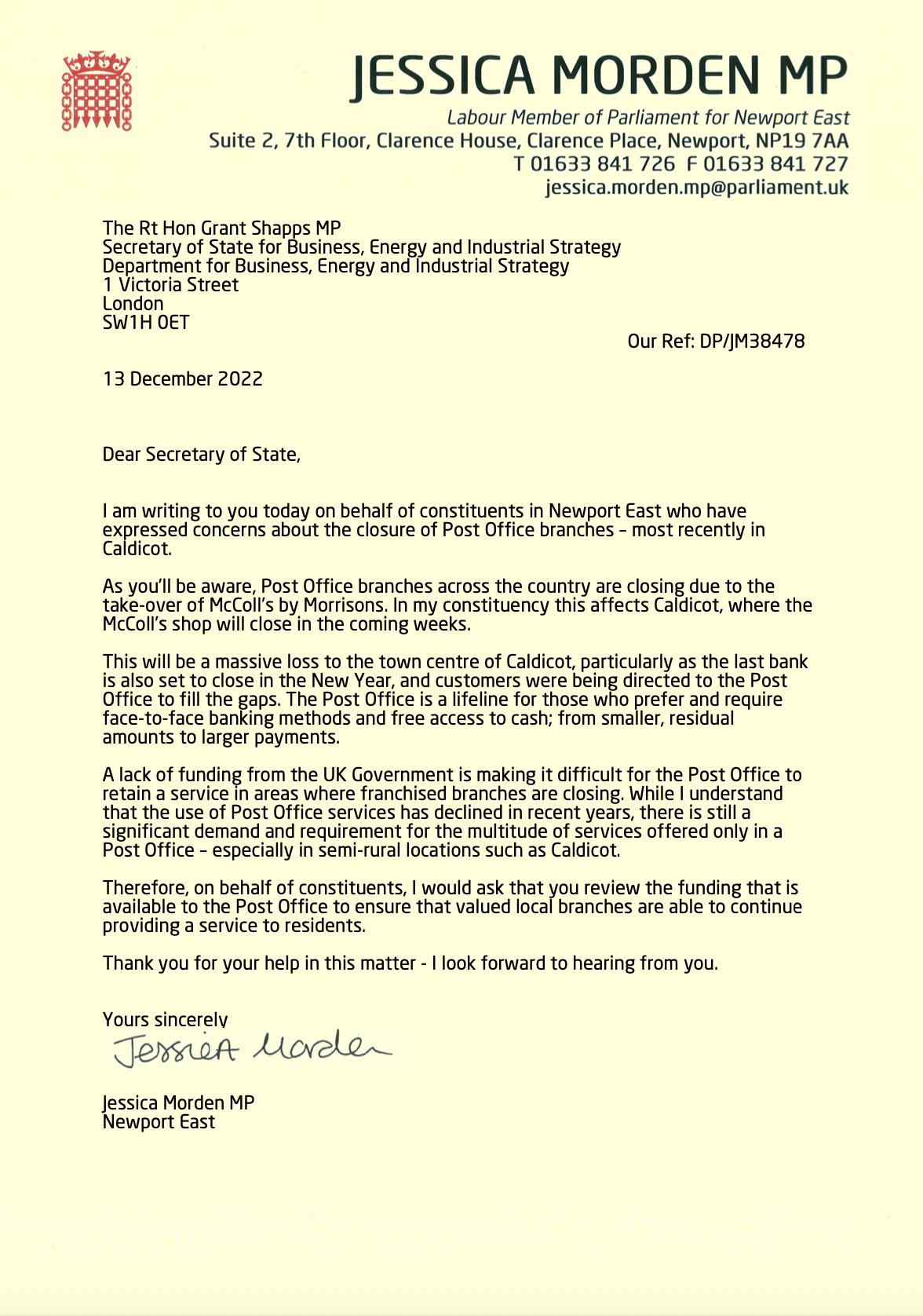 A letter addressed to Grant Shapps asking him to up the funding to Post Offices so that when franchised branches closed the Post Office might be able to open new branches. 