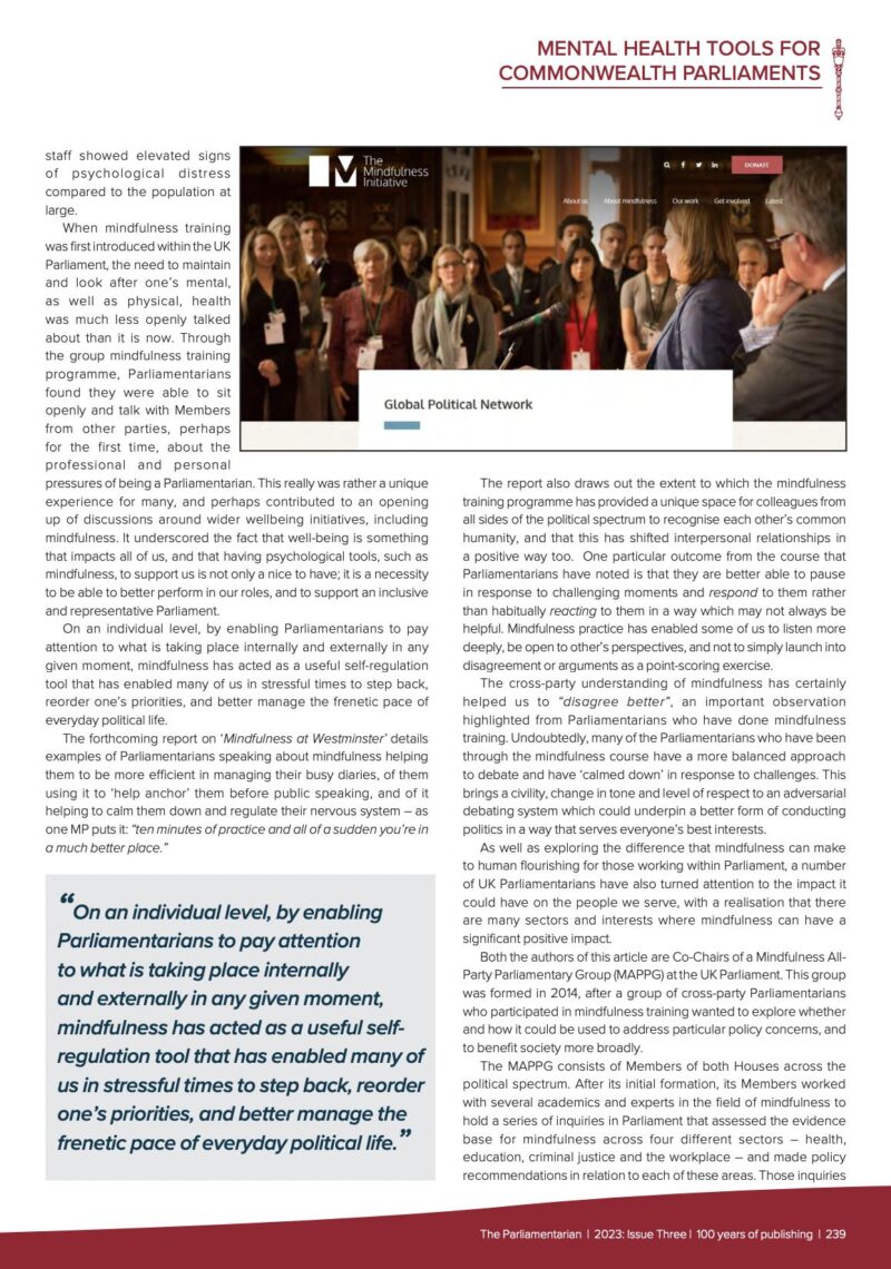 Mindfulness in Parliament article from the September 2023 edition of The Parliamentarian