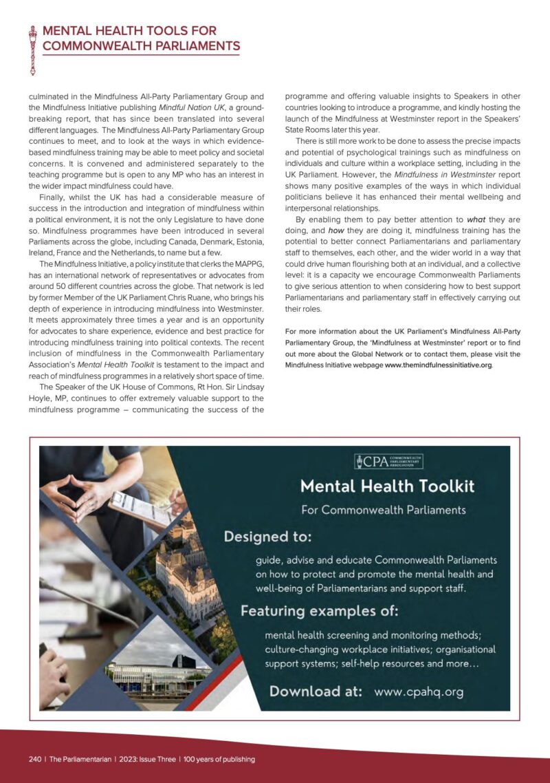 Mindfulness in Parliament article from the September 2023 edition of The Parliamentarian