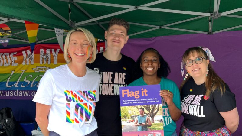 The image shows Jessic Morden with Stonewall representatives at Pride in the Port 2023.