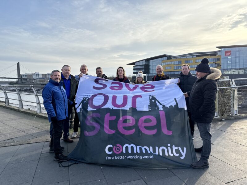Jessica Morden stands with steelworkers in Newport ahead of the Newport County v ManU game, January 2024