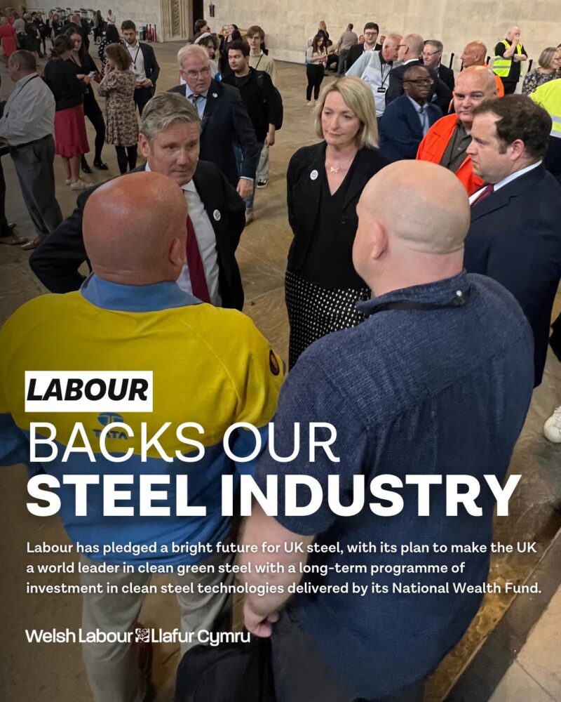 Graphic showing Keir Starmer and Jessica Morden talking to steelworkers