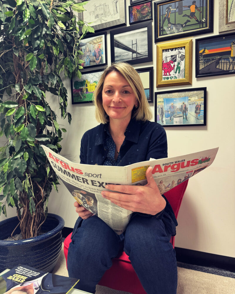 Jessica Morden reading the South Wales Argus