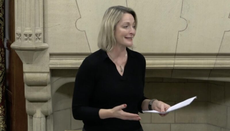 Jessica Morden is pictured speaking in a Westminster Hall debate in Parliament. Jessica is wearing a black outfit and she is stood against a cream stone background.