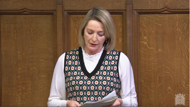 Jessica Morden MP is pictured in Parliament  in November 2024. She is stood against a wooden backdrop