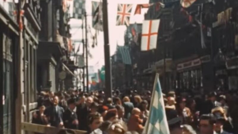 Crowds gather in Newport town centre to celebrate VE Day in 1945