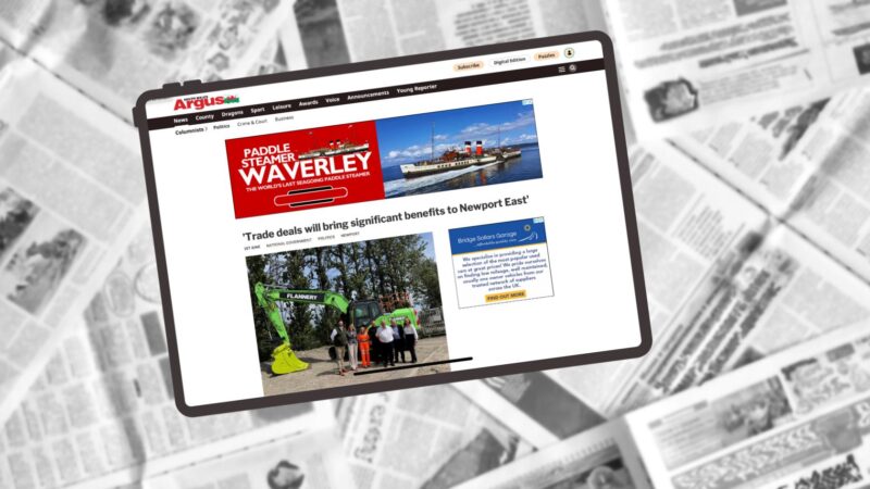 The graphic shows a tablet screen on top of a load of newspapers. The tablet screen shows Jessica Morden