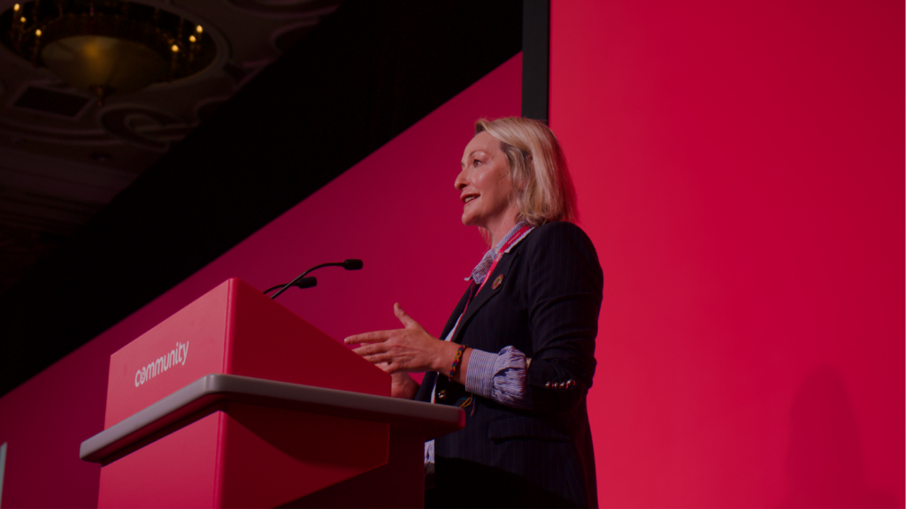 Jessica Morden on stage at the Community Union Conference at the Celtic Manor, Newport